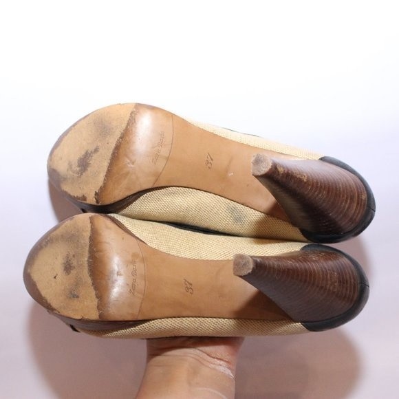 ZARA Peep Toe Canvas Pumps Heels Navy Cream Nautical Style Vintage Sz 37 US 6.5 - Picture 8 of 14